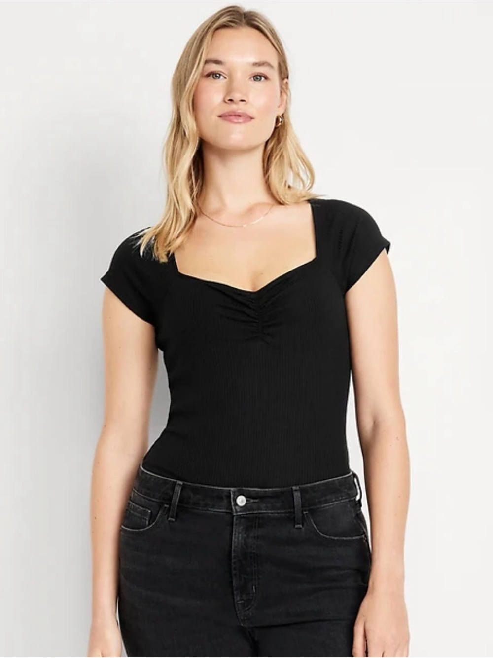 🆕 NWOT Old Navy Black Ribbed Bodysuit with Cinched Sweetheart Neckline XL Tall
